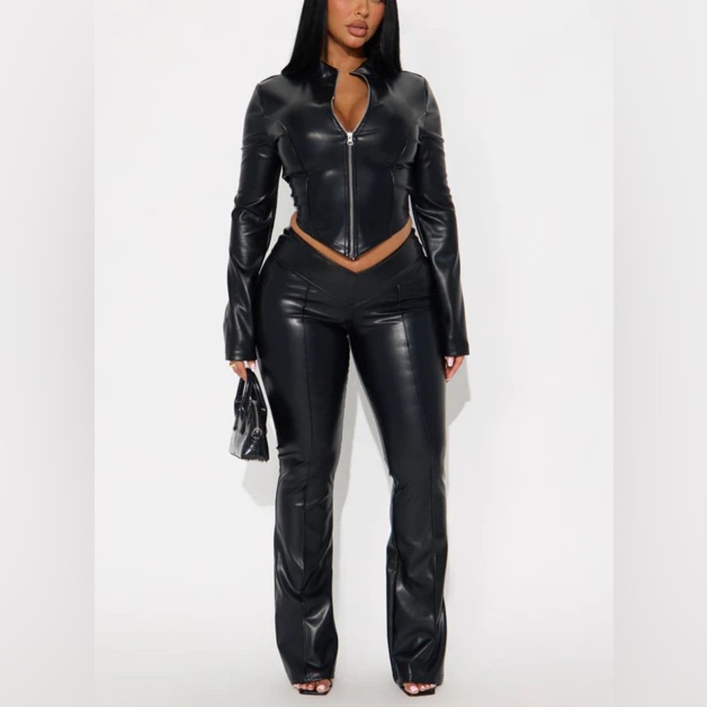 FN 2-Pc. BRAND NEW Full Temptation Low Rise Faux Leather Pant Set - Black